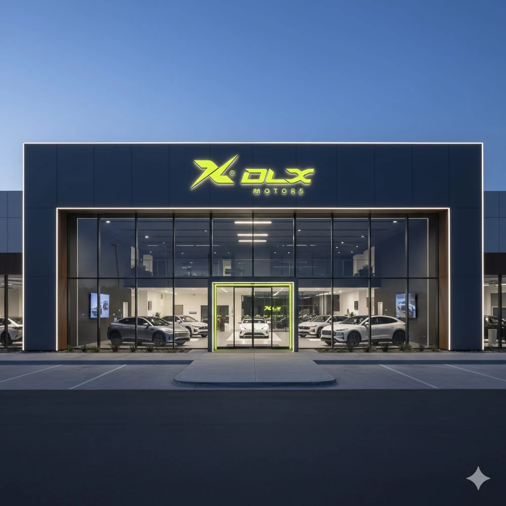 Render del proyecto DLX Motors: la fachada iluminada del concesionario nuevo